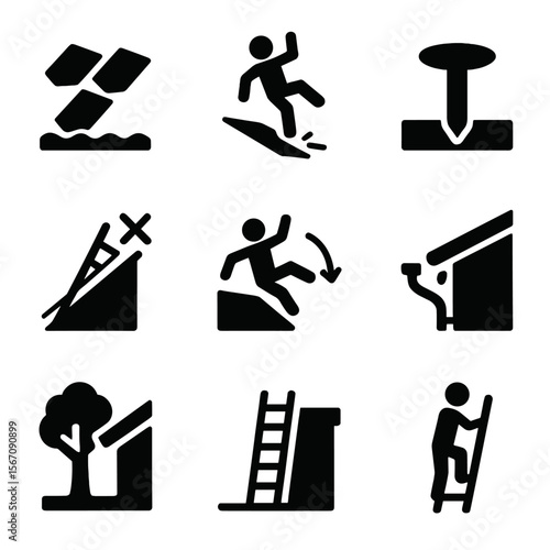 Roof Hazard Icons. Solid, filled icon set of roof access hazards: loose shingles, unstable footing, exposed nails, ladder angle