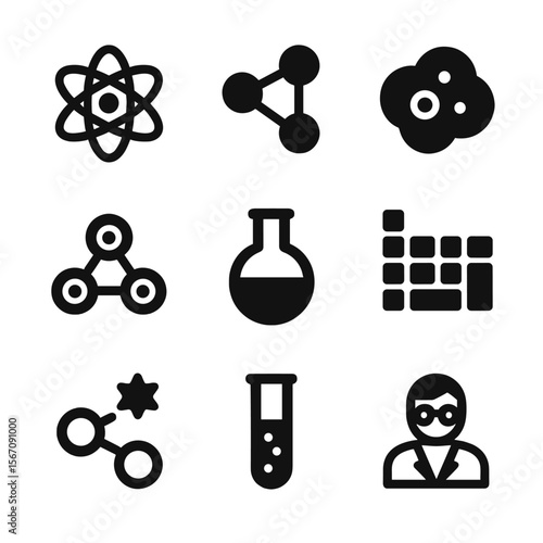 Ozone Structure Icons. Solid, filled icon set of ozone chemical structure and science: atomic structure, molecular bonds, oxygen