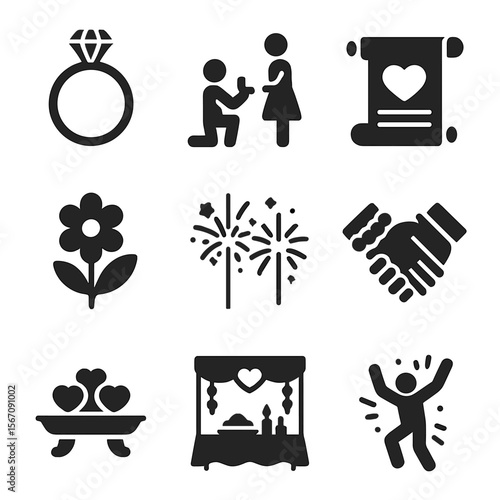 Global Engagement Icons. Solid, filled icons set of engagement ceremonies worldwide: ring exchange, proposal