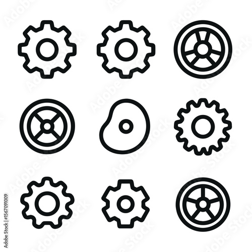 Mechanical Gear Icons. Solid, filled icon set of mechanical wheels: cogwheel, gear, pulley wheel, flywheel, cam wheel, bevel gear,