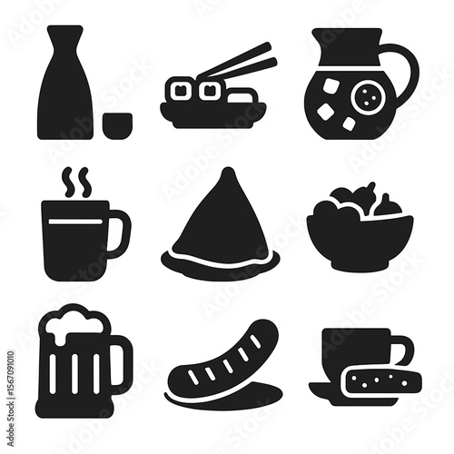 Global Drink Pairings. Solid, filled icons set of international drink pairings: sake bottle, sushi plate,