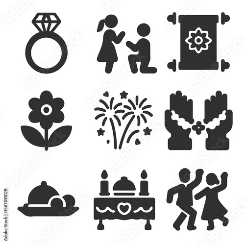 Global Engagement Icons. Solid, filled icons set of engagement ceremonies worldwide: ring exchange, proposal