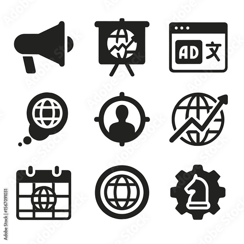 Global Marketing Icons. Solid, filled icons set of global marketing strategy: megaphone, campaign chart,