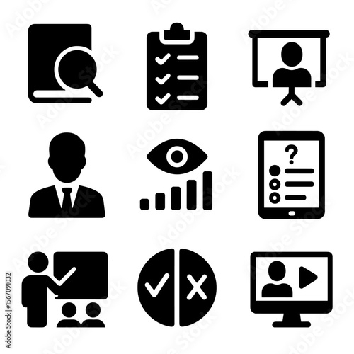 Media Literacy Icons. Solid, filled icon set of media literacy and education: book with magnifier, fact check checklist, school
