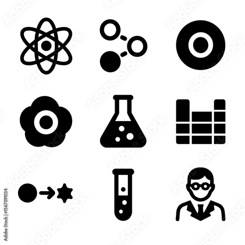 Ozone Structure Icons. Solid, filled icon set of ozone chemical structure and science: atomic structure, molecular bonds, oxygen