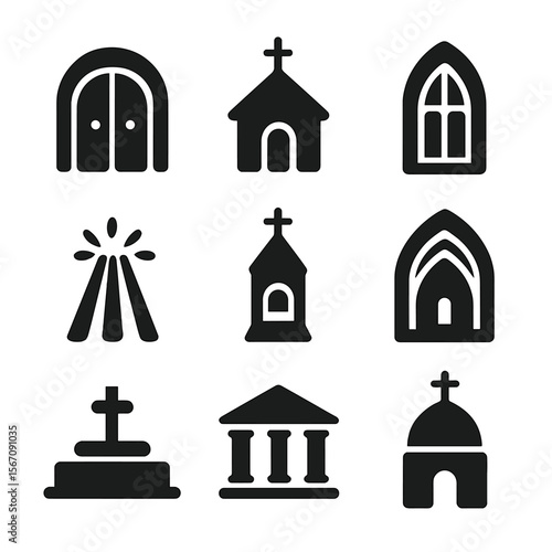 Sacred Architecture Icons. Solid, filled icon set of sacred architecture: cathedral doors, chapel arch, church window, light beam