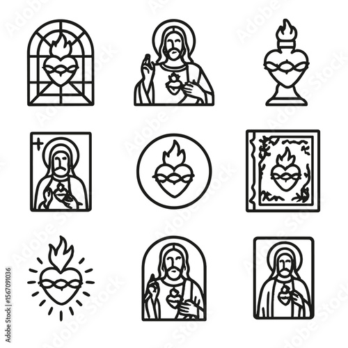Sacred Heart Icon Set. Solid, filled icon set of sacred heart in art: stained glass window, religious painting, altar sculpture,