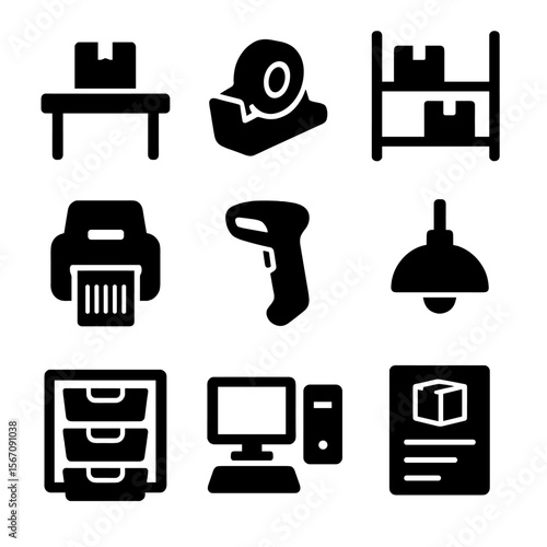 Packaging Station Icons. Solid, filled icon set of packaging station setup: packing table, tape dispenser, shelving unit, barcode