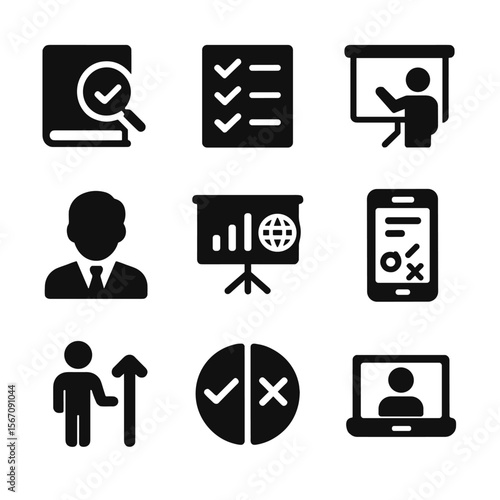 Media Literacy Icons. Solid, filled icon set of media literacy and education: book with magnifier, fact check checklist, school