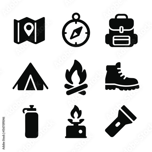 Paddleboarding Essentials Icons. Solid, filled icon set of paddleboarding travel essentials: map, compass, travel bag, tent,