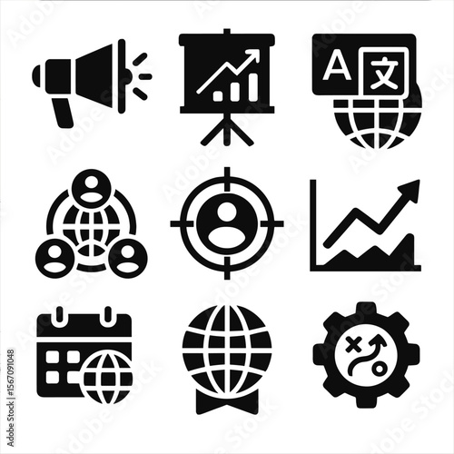 Global Marketing Icons. Solid, filled icons set of global marketing strategy: megaphone, campaign chart,