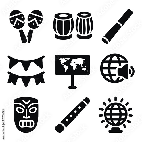 Global Music Icons. Solid, filled icons set of international music culture decor: maracas, tabla drum,