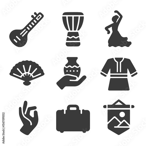 Global Music and Art Icons. Solid, filled icons set of regional music and art displays: sitar instrument,
