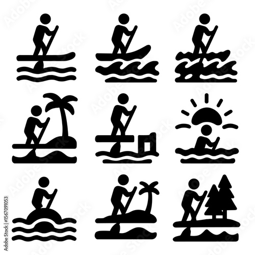 Paddleboarding Icon Set. Solid, filled icon set of paddleboarding environments: calm lake, ocean waves, river rapids, beach, dock,