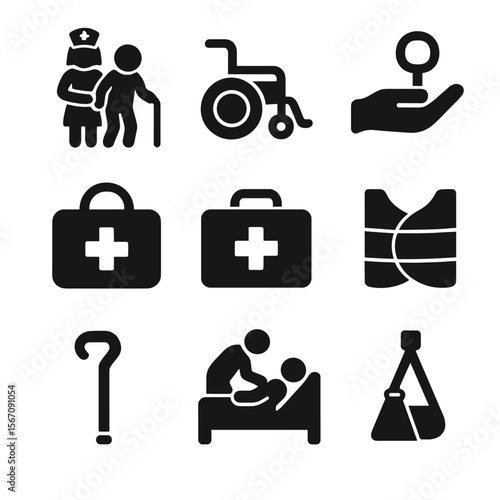 Medical Assistance Icons. Solid, filled icon set of medical and care assistance: nurse helping, wheelchair bag, assistive hand,