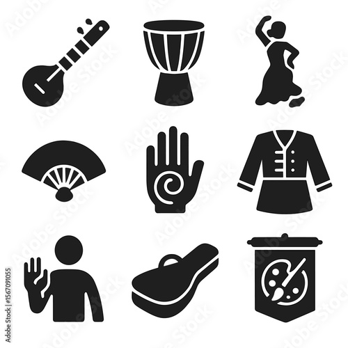 Global Music and Art Icons. Solid, filled icons set of regional music and art displays: sitar instrument,