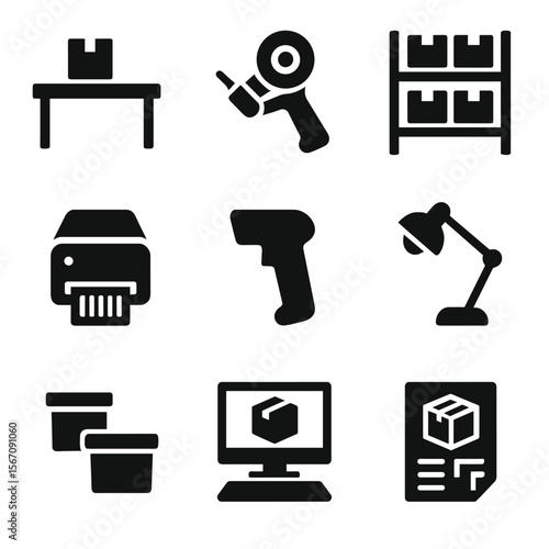 Packaging Station Icons. Solid, filled icon set of packaging station setup: packing table, tape dispenser, shelving unit, barcode