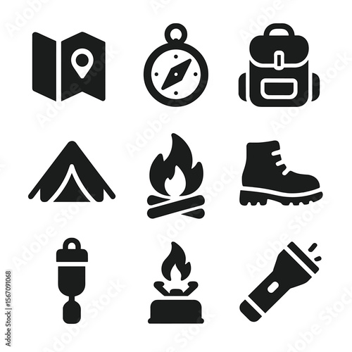 Paddleboarding Essentials Icons. Solid, filled icon set of paddleboarding travel essentials: map, compass, travel bag, tent,