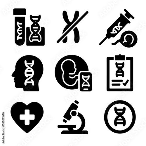 Medical Genetics Icons. Solid, filled icon set of medical genetics: DNA testing kit, chromosome anomaly, gene therapy, genetic