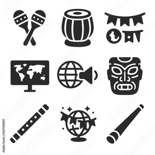 Global Music Icons. Solid, filled icons set of international music culture decor: maracas, tabla drum,