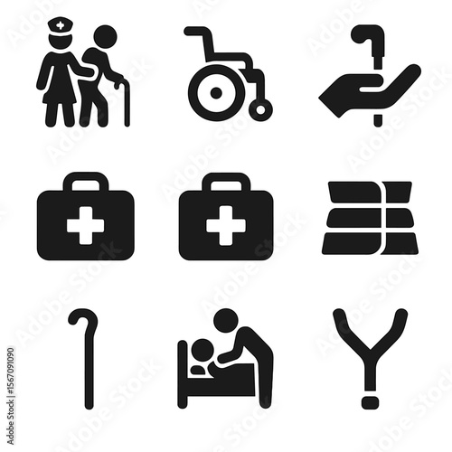 Medical Assistance Icons. Solid, filled icon set of medical and care assistance: nurse helping, wheelchair bag, assistive hand,