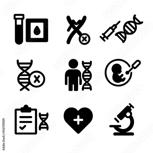 Medical Genetics Icons. Solid, filled icon set of medical genetics: DNA testing kit, chromosome anomaly, gene therapy, genetic