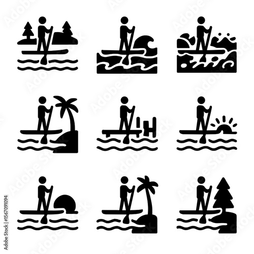 Paddleboarding Icon Set. Solid, filled icon set of paddleboarding environments: calm lake, ocean waves, river rapids, beach, dock,
