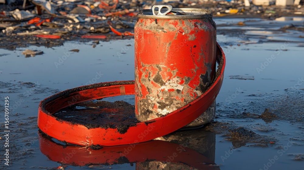 Abandoned Red Soda Can on Polluted Ground Surrounded by Debris Abandoned Red Soda Can on Polluted Ground Surrounded by Debris