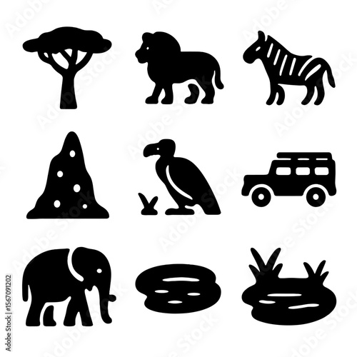 Savanna Wildlife Icons. Solid, filled icon set of savanna wildlife: acacia tree, lion, zebra, termite mound, vulture, grassland,