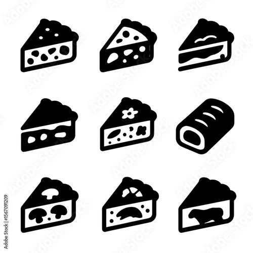 Savory Pie Icons. Solid, filled icon set of savory pie slices: chicken pot pie slice, quiche slice, spinach pie slice, meat pie