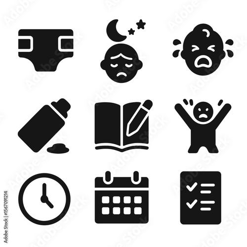 Parenting Challenges Icons. Solid, filled icon set of parenting challenges: diaper, sleepless night, crying baby, spilled milk,