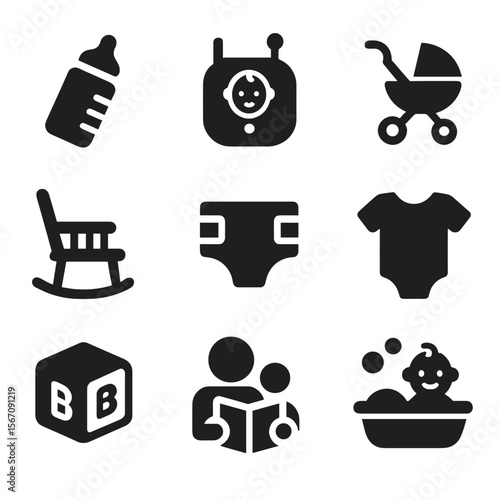 Parenting Icons Grid. Solid, filled icon set of parenting activities: feeding bottle, baby monitor, stroller, rocking chair,