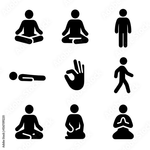 Meditation Icon Set. Solid, filled icon set of meditation postures: lotus pose, seated meditation, standing pose, reclined pose,