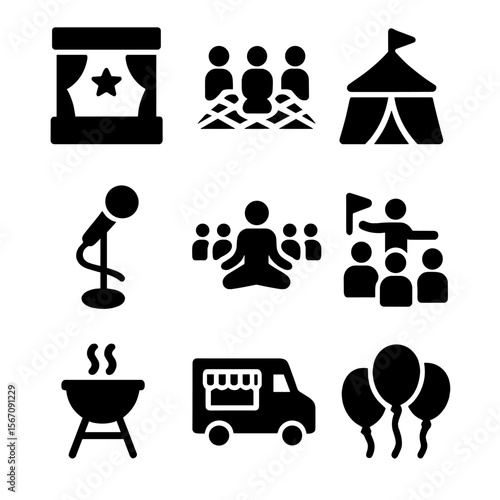 Park Event Icons. Solid, filled icon set of park events and gatherings: stage, picnic group, festival tent, open mic, yoga class,