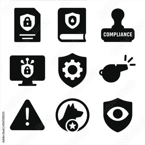 Government Oversight Icons. Solid, filled icons set of government and regulatory oversight: GDPR document,