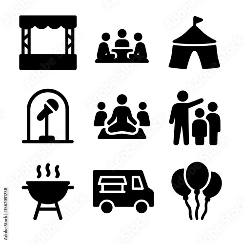 Park Event Icons. Solid, filled icon set of park events and gatherings: stage, picnic group, festival tent, open mic, yoga class,