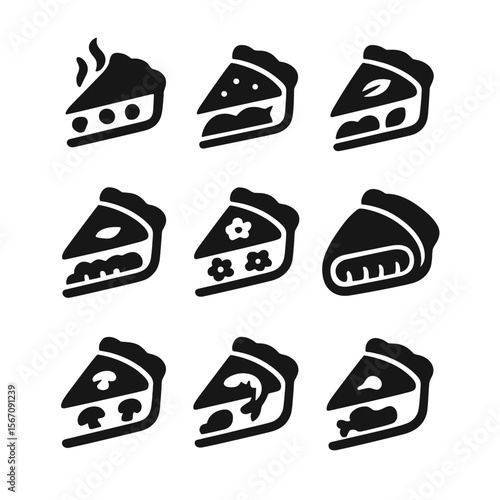 Savory Pie Icons. Solid, filled icon set of savory pie slices: chicken pot pie slice, quiche slice, spinach pie slice, meat pie