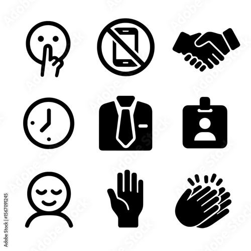 Meeting Etiquette Icons. Solid, filled icon set of meeting etiquette: silence sign, no phone, handshake, punctuality clock, dress