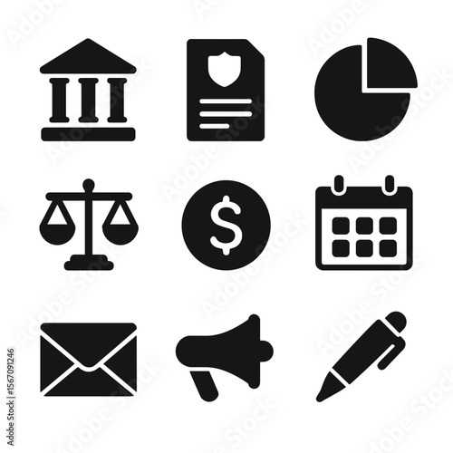 Government Tariff Icons. Solid, filled icons set of government tariff policy: government building, policy