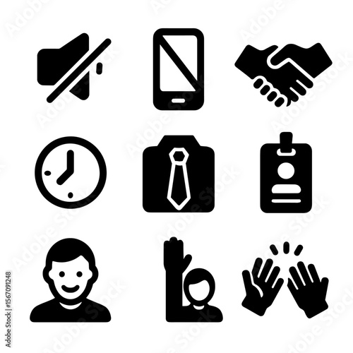 Meeting Etiquette Icons. Solid, filled icon set of meeting etiquette: silence sign, no phone, handshake, punctuality clock, dress