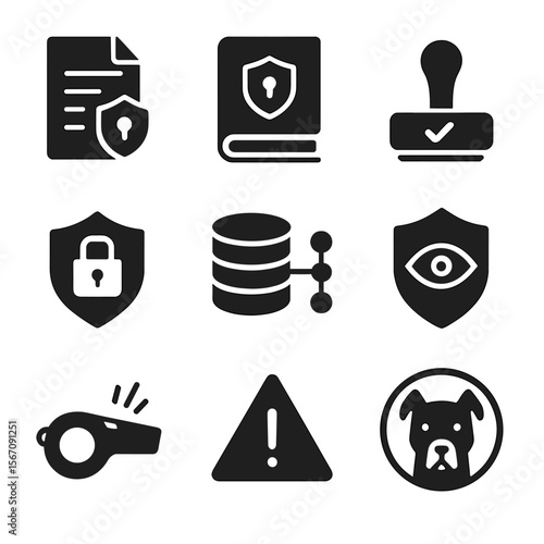 Government Oversight Icons. Solid, filled icons set of government and regulatory oversight: GDPR document,