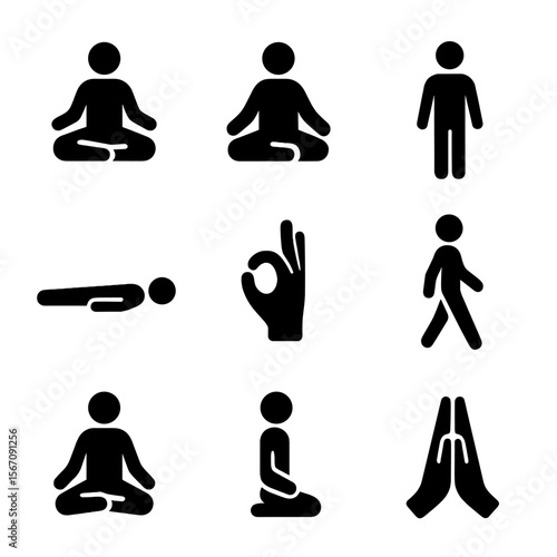 Meditation Icon Set. Solid, filled icon set of meditation postures: lotus pose, seated meditation, standing pose, reclined pose,
