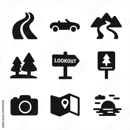 Scenic Drive Icons. Solid, filled icon set of exploring a scenic drive: winding road, convertible car, mountain pass, roadside