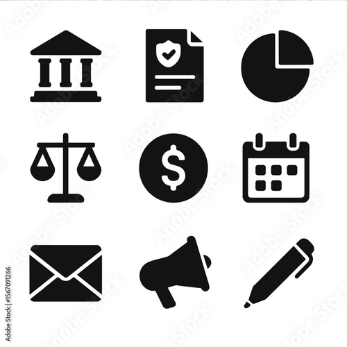 Government Tariff Icons. Solid, filled icons set of government tariff policy: government building, policy