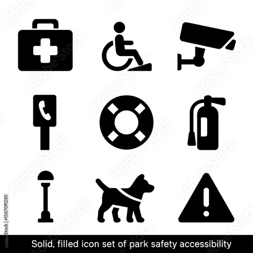 Park Safety Icons. Solid, filled icon set of park safety and accessibility: first aid kit, wheelchair ramp, security camera,