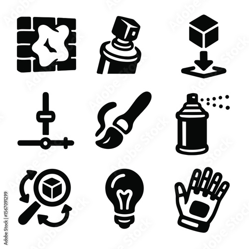 3D Graffiti Tool Icons. Solid, filled icons set of 3D graffiti creation tools: sculpted wall, 3D spray nozzle,