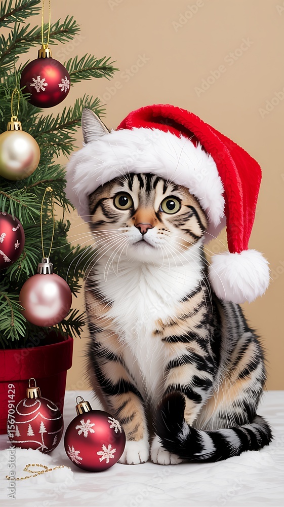 Tabby cat wearing Santa hat near Christmas tree kitten Tabby cat wearing Santa hat near Christmas tree kitten