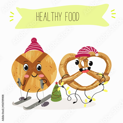 Baked food funny characters, hand drawn vector illustration.