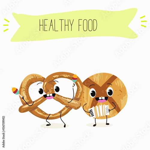 Baked food funny characters, hand drawn vector illustration.