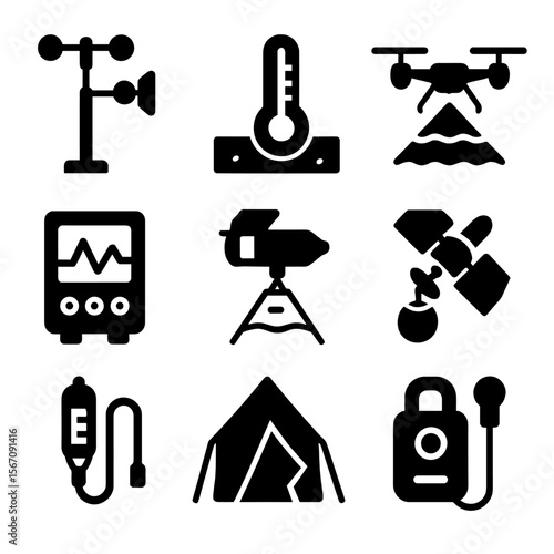 Scientific Monitoring Icons. Solid, filled icon set of scientific monitoring tools: weather station, soil thermometer, drone